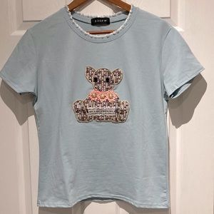 Plaid Bear Design with Faux Pearls and Gemstones Top Light Blue Medium Womens